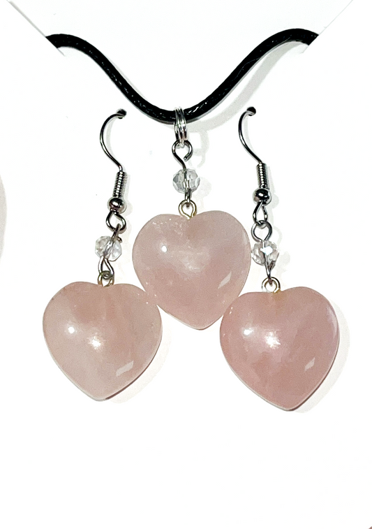Rose Quartz crystal heart dangle hook earrings and matching Rose Quartz heart necklace set- Handmade.  Rope necklace included.