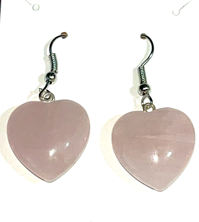 Rose Quartz crystal heart dangle hook earrings. Ultimate symbol of unconditional love and healing. 0.5 inch