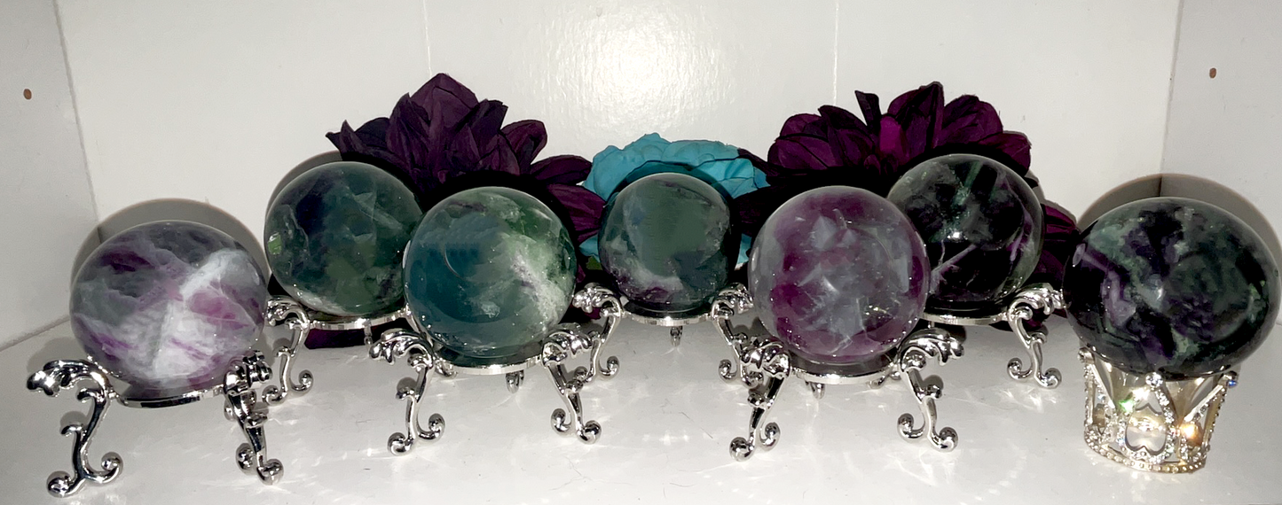 Rainbow Fluorite Medium spheres. Brings focus, clears mind, enhance intuition, and promote mental clarity. Priced to sell