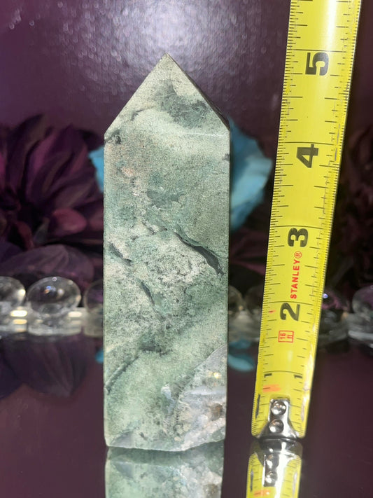 Moss Agate crystal tower point with quartz druzy. Brings abundance, wealth, prosperity, optimism, self-confidence & creativity