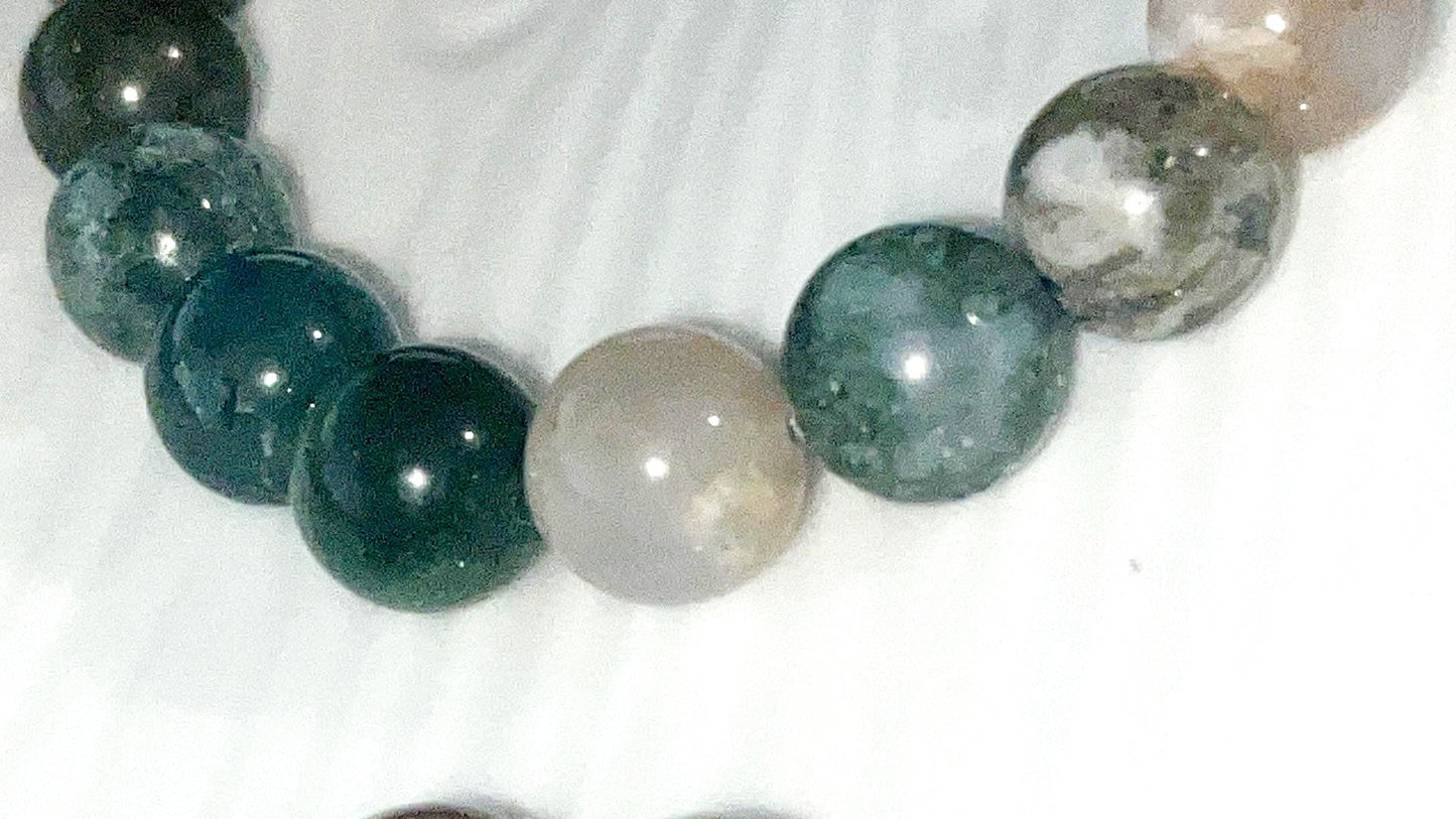 Moss Agate 10mm crystal bracelet-new beginnings. Brings wealth and improves self-esteem, tranquility and emotional balance, luck, balance