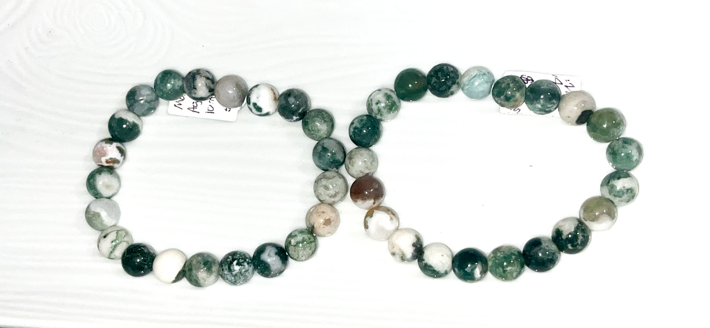 Moss Agate 10mm crystal bracelet-new beginnings. Brings wealth and improves self-esteem, tranquility and emotional balance, luck, balance