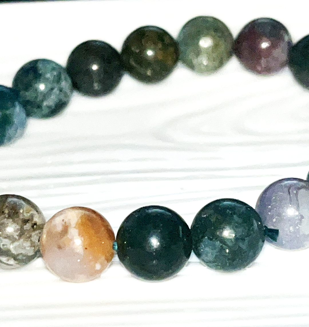 Moss Agate 10mm crystal bracelet-new beginnings. Brings wealth and improves self-esteem, tranquility and emotional balance, luck, balance