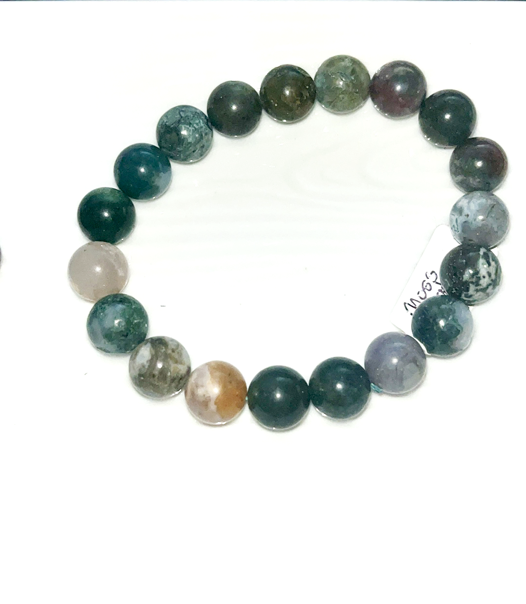 Moss Agate 10mm crystal bracelet-new beginnings. Brings wealth and improves self-esteem, tranquility and emotional balance, luck, balance