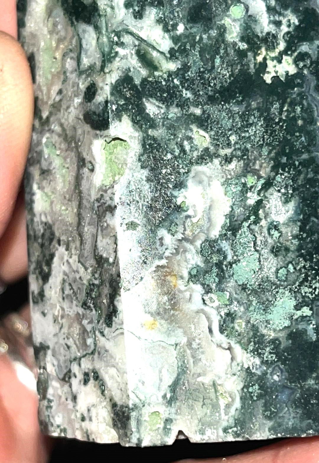 Moss Agate crystal tower point w/ quartz druzy pockets. Brings abundance, wealth, prosperity, optimism, self-confidence & creativity
