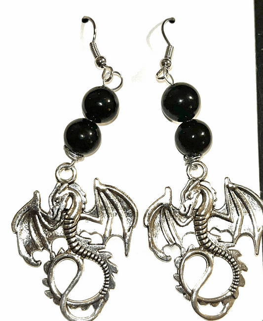 Handmade silver Flying dragon hook dangle dangling earrings w/ Black Obsidian crystal beads. One of a kind gift