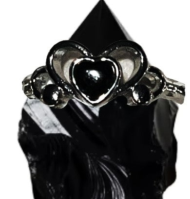 Black Obsidian heart crystal ring surrounded by cubic zirconia. Natural gemstone. Adjustable to fit all sizes. Perfect for Valentine's Day!