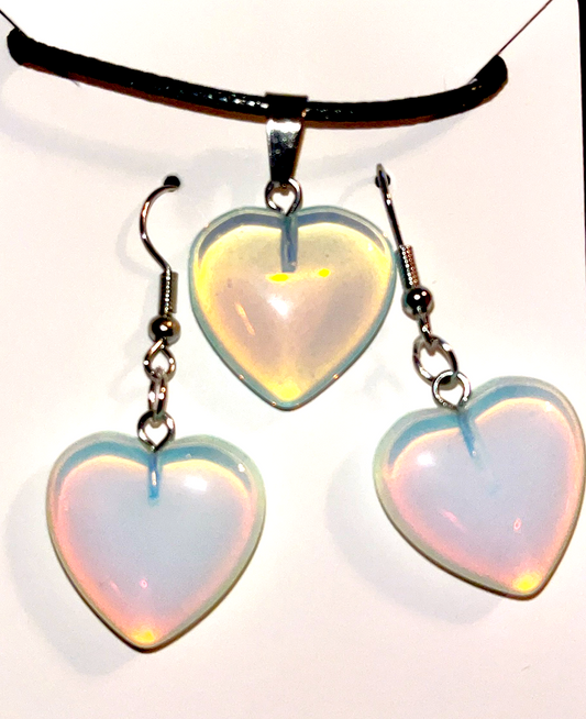 Opalite crystal heart dangle hook earrings and matching Opalite heart necklace set- Handmade.  Rope necklace included.