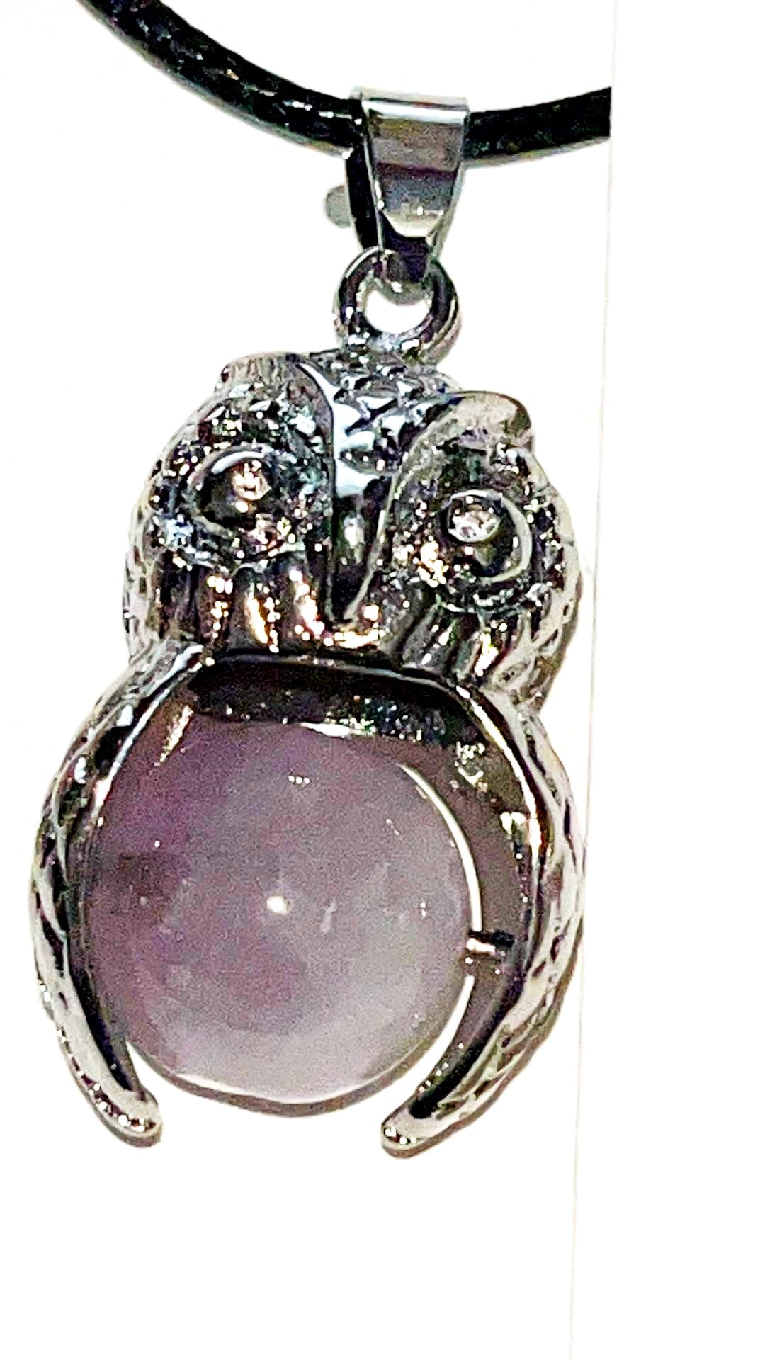 Silver Owl pendant necklace with Amethyst or Rose Quartz spinning bead. Super cute and fun! Black rope adjustable necklace included