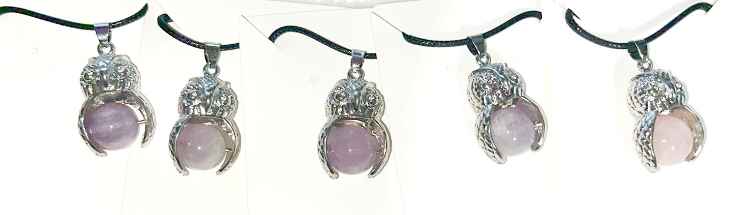 Silver Owl pendant necklace with Amethyst or Rose Quartz spinning bead. Super cute and fun! Black rope adjustable necklace included