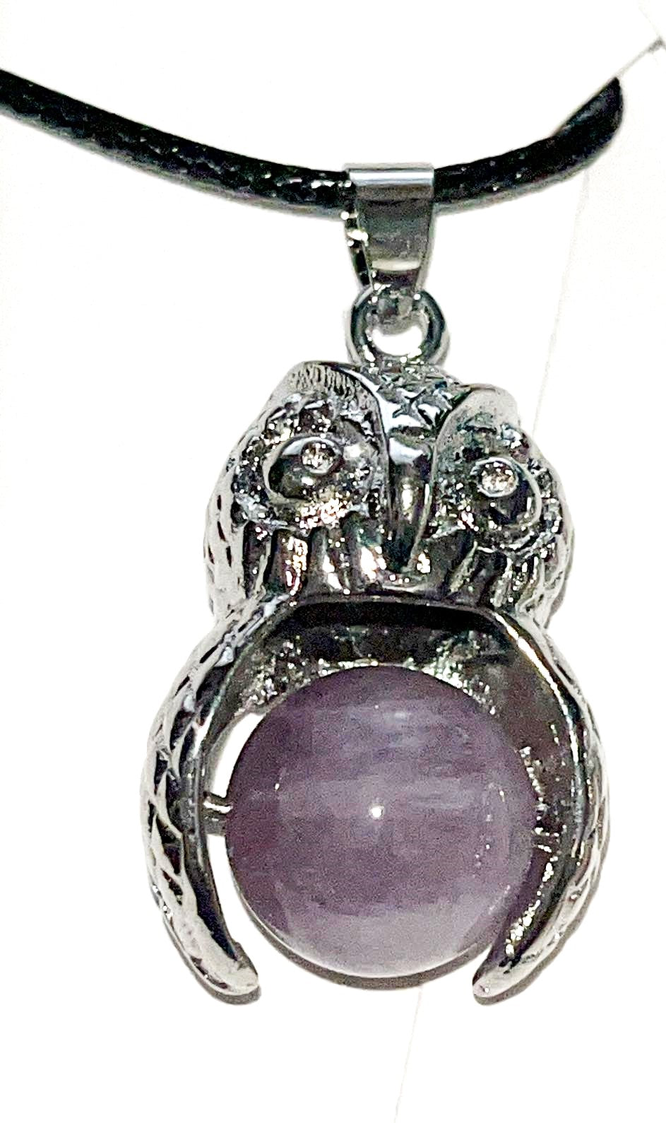 Silver Owl pendant necklace with Amethyst or Rose Quartz spinning bead. Super cute and fun! Black rope adjustable necklace included