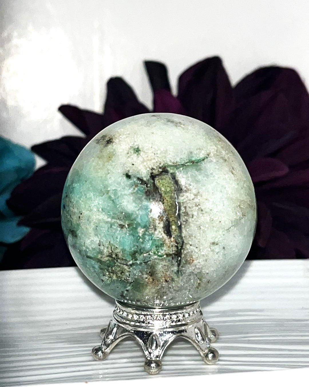 RARE 65mm & 53 mm Phoenix Stone sphere, the 'Compassion stone', combo of Chrysocolla, Malachite and Turquoise. Emotional healing, happiness