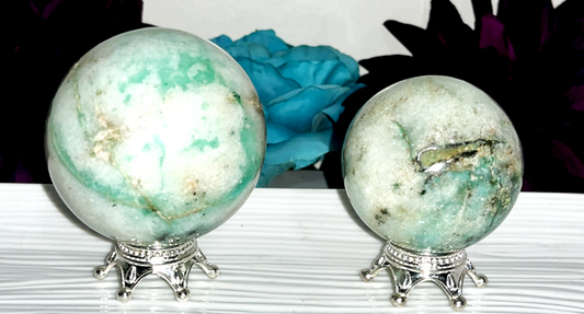 RARE 65mm & 53 mm Phoenix Stone sphere, the 'Compassion stone', combo of Chrysocolla, Malachite and Turquoise. Emotional healing, happiness