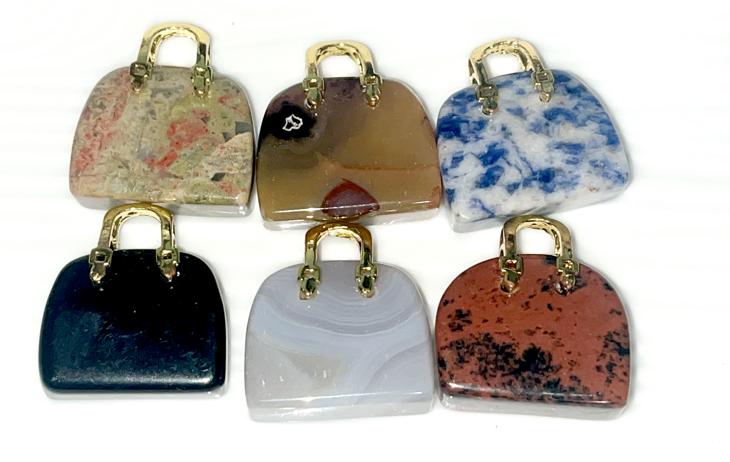 Crystal mini purse hand bag suitcase carvings in Amethyst, Pink Mangano Calcite, Sodalite, Agate,Unakite,Mahogany & Obsidian