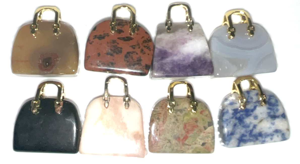 Crystal mini purse hand bag suitcase carvings in Amethyst, Pink Mangano Calcite, Sodalite, Agate,Unakite,Mahogany & Obsidian