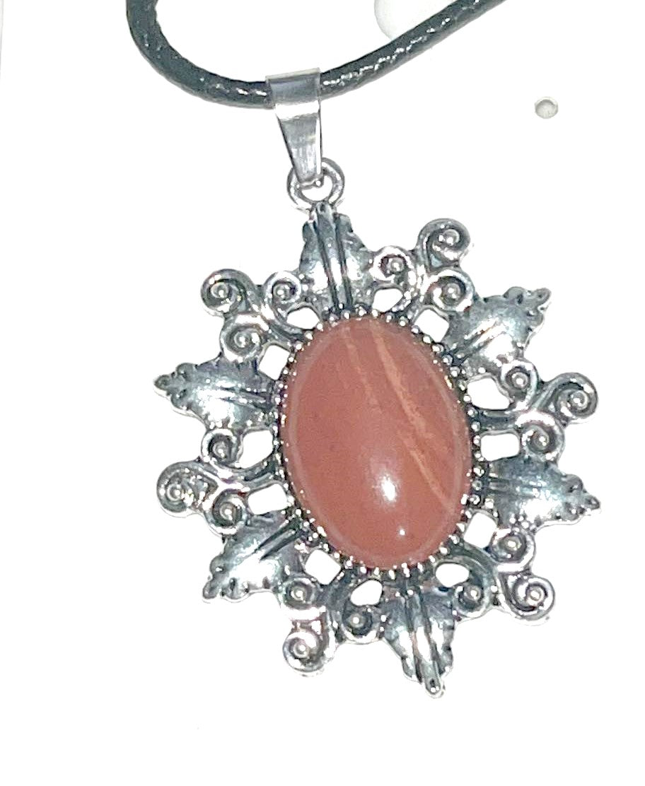 Sun sunburst crystal pendant with adjustable rope chain necklace. Lapis, Tigers Eye, Rose quartz, Red Jasper