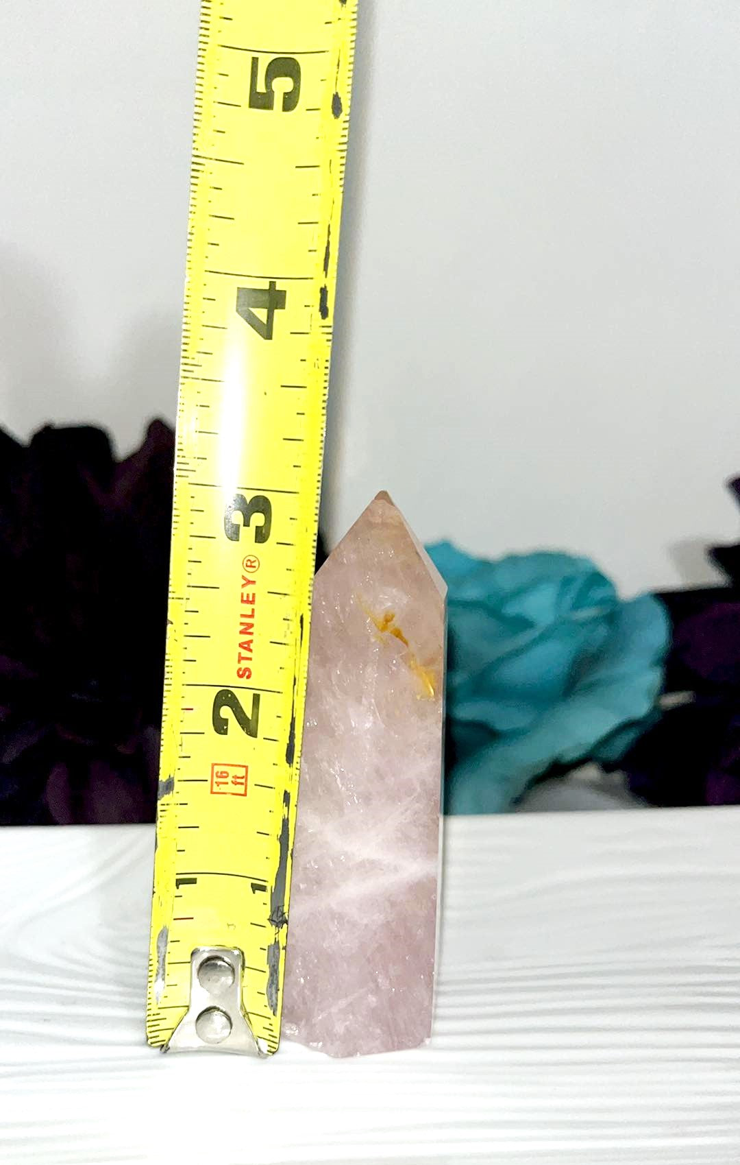 Natural Rose Quartz crystal points with Golden Healer. Attract and strengthen love of all kinds—romantic, self-love, familial, & friendship