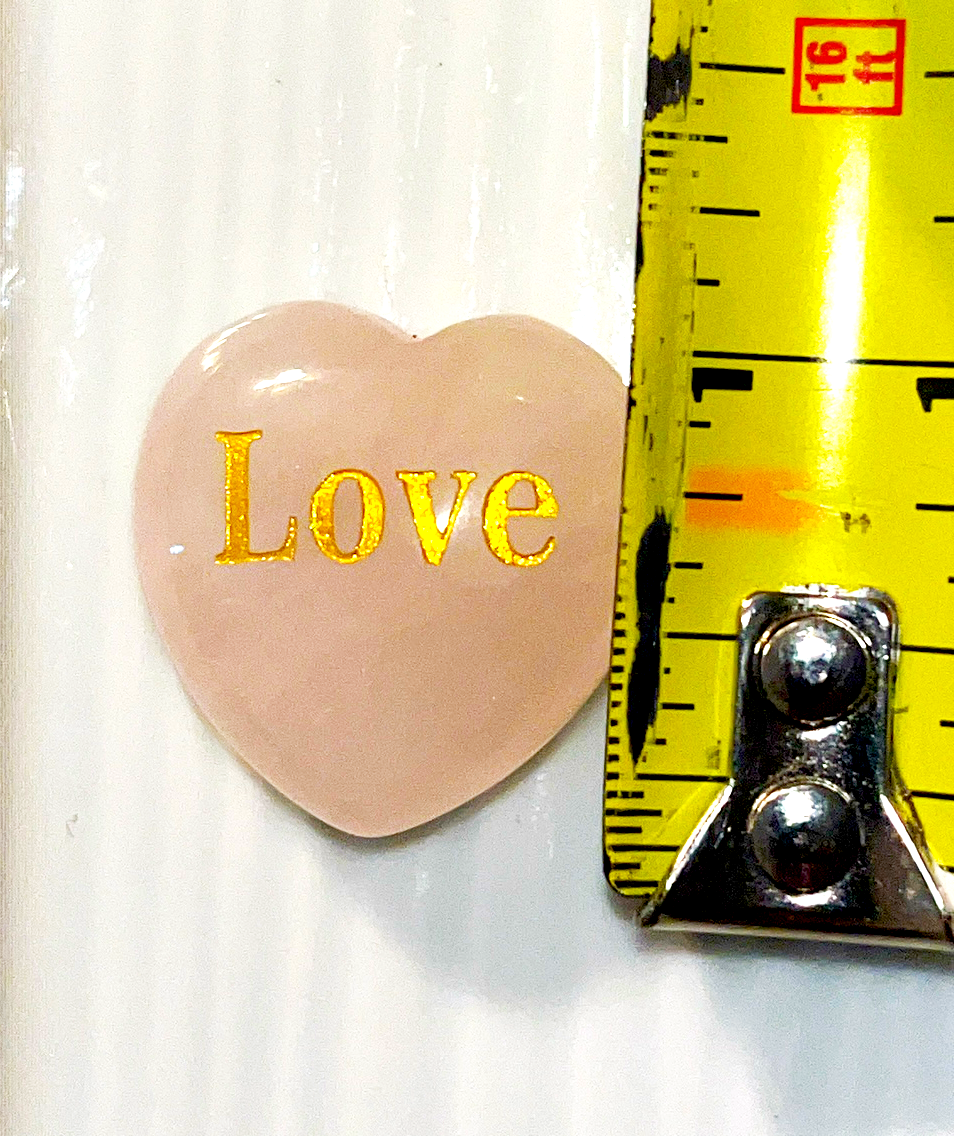 Rose Quartz LOVE Crystal hearts adorned with the word "love" inscribed in elegant gold letters.  1x1 in