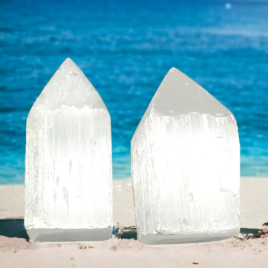 Selenite Obelisk towers.  Sense of peace, purity, and spiritual clarity, healing, Reiki, Metaphysical Energy, cleanse and charge crystals