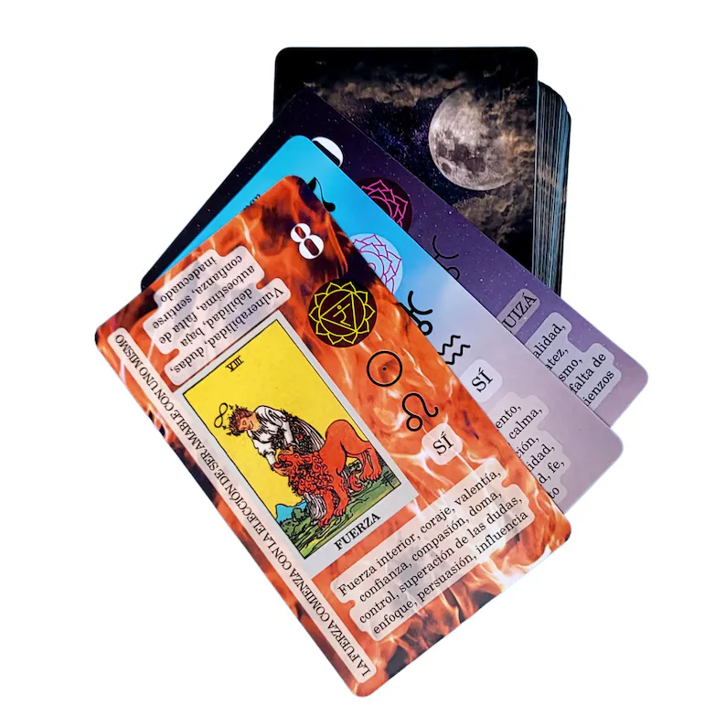 Spanish Espanol Beginner learning Tarot card deck with meanings & in reverse keywords, Planets, zodiac, meanings chakras