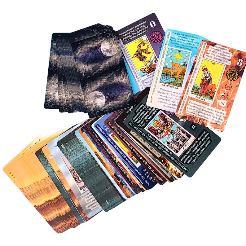 Spanish Espanol Beginner learning Tarot card deck with meanings & in reverse keywords, Planets, zodiac, meanings chakras