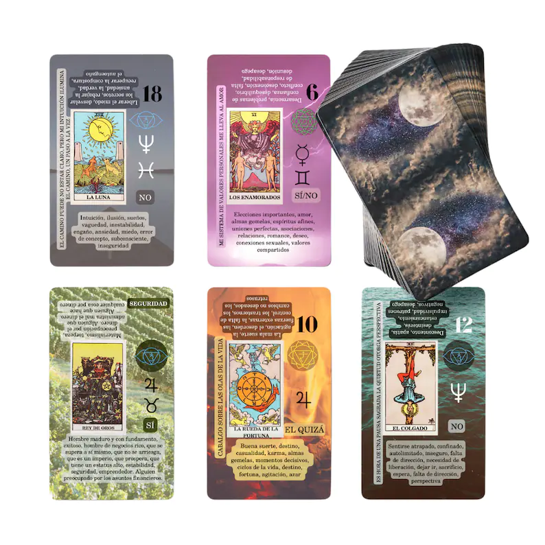 Spanish Espanol Beginner learning Tarot card deck with meanings & in reverse keywords, Planets, zodiac, meanings chakras