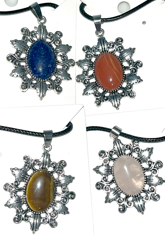 Sun sunburst crystal pendant with adjustable rope chain necklace. Lapis, Tigers Eye, Rose quartz, Red Jasper