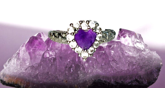 Amethyst heart crystal statement ring surrounded by bling. Natural gemstone. Adjustable to fit all sizes.