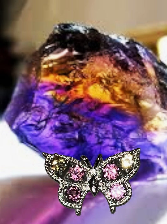Ametrine crystal butterfly ring. Combo of Amethyst and Citrine. Natural gemstones. Adjustable to fit all sizes.