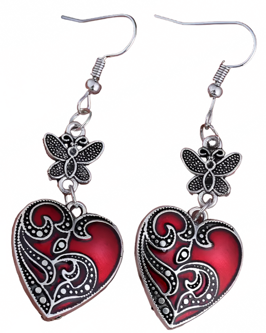 Gothic punk style antique heart-shaped earrings dangling from butterflies!  Unique, classy, and perfect.