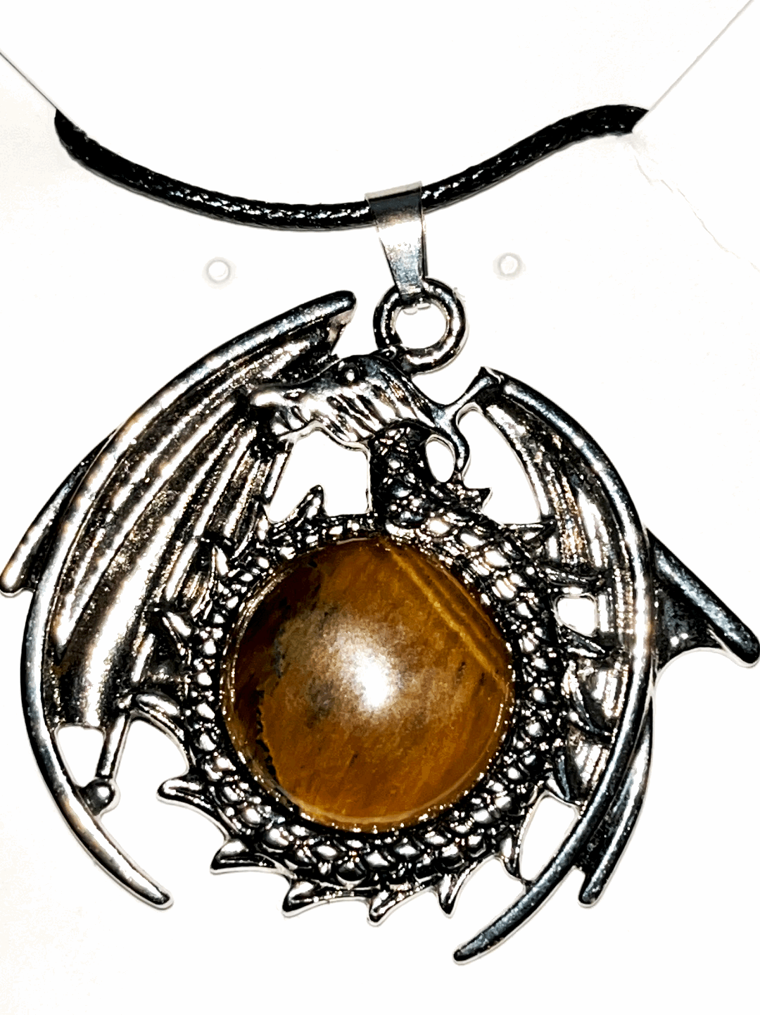 Flying Dragon pendants with natural crystal gemstones in center. Comes with adjustable black rope chain necklace.