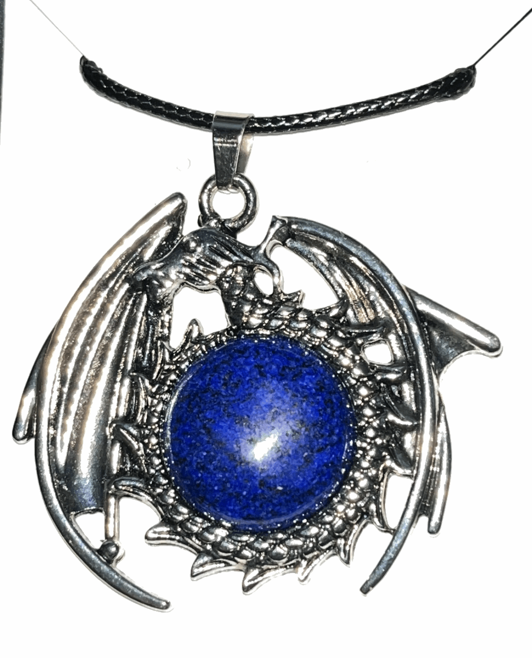 Flying Dragon pendants with natural crystal gemstones in center. Comes with adjustable black rope chain necklace.