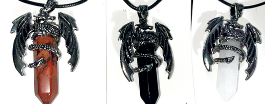 Flying dragon crystal point necklace pendant. Comes w/rope chain necklace.