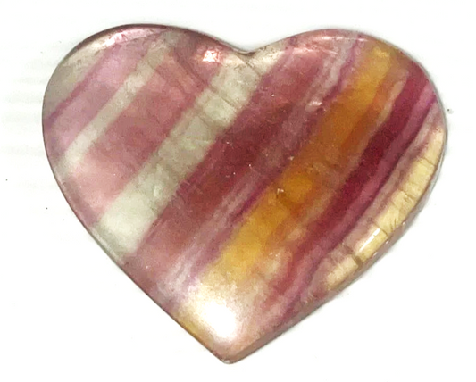 Large yellow, orange & purple Fluorite striped crystal heart carving. Beautiful colors! Brings focus, and peace