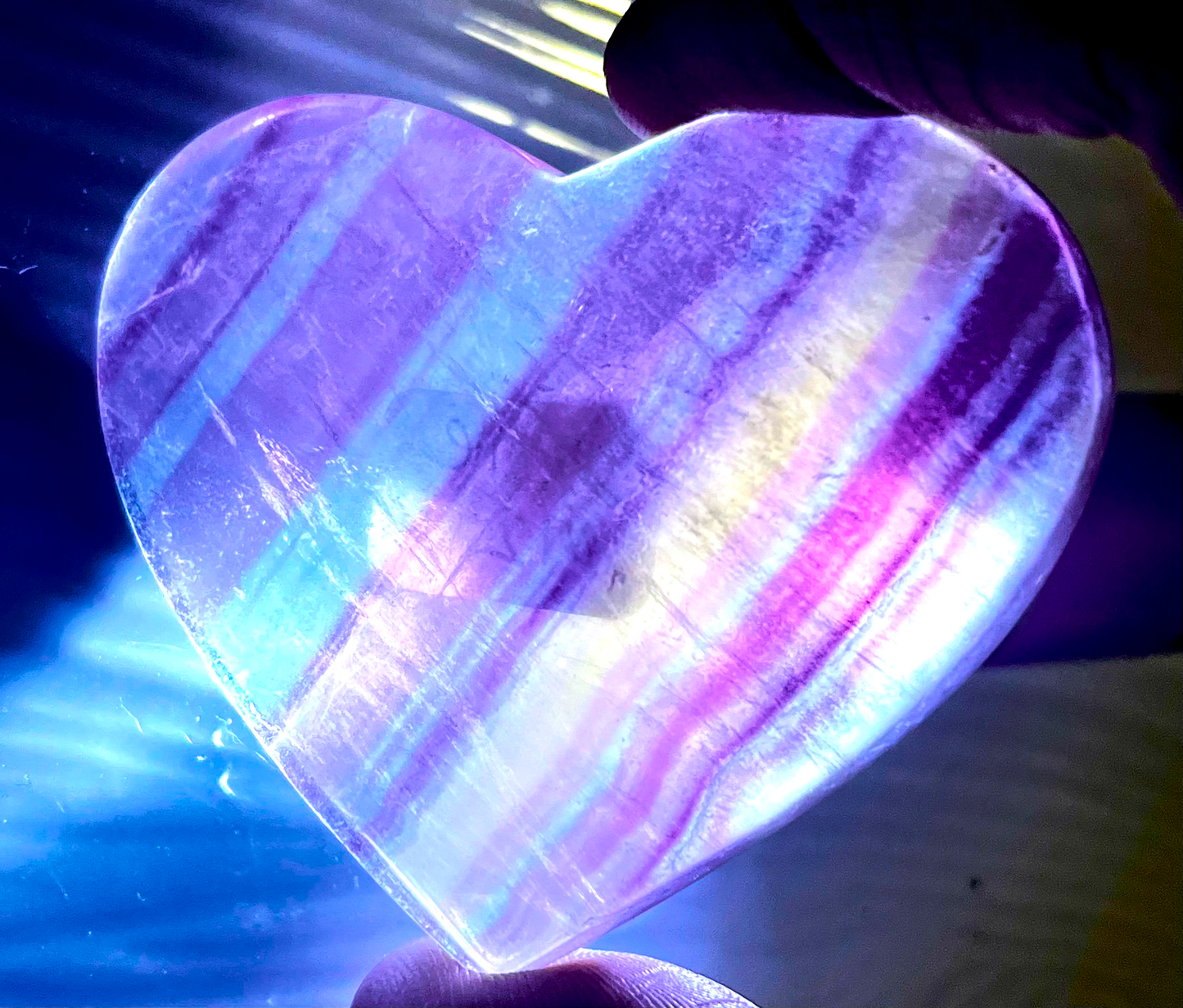 Large yellow, orange & purple Fluorite striped crystal heart carving. Beautiful colors! Brings focus, and peace