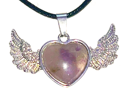 Amethyst flying heart with angel wings pendant. Comes with adjustable black rope chain necklace.