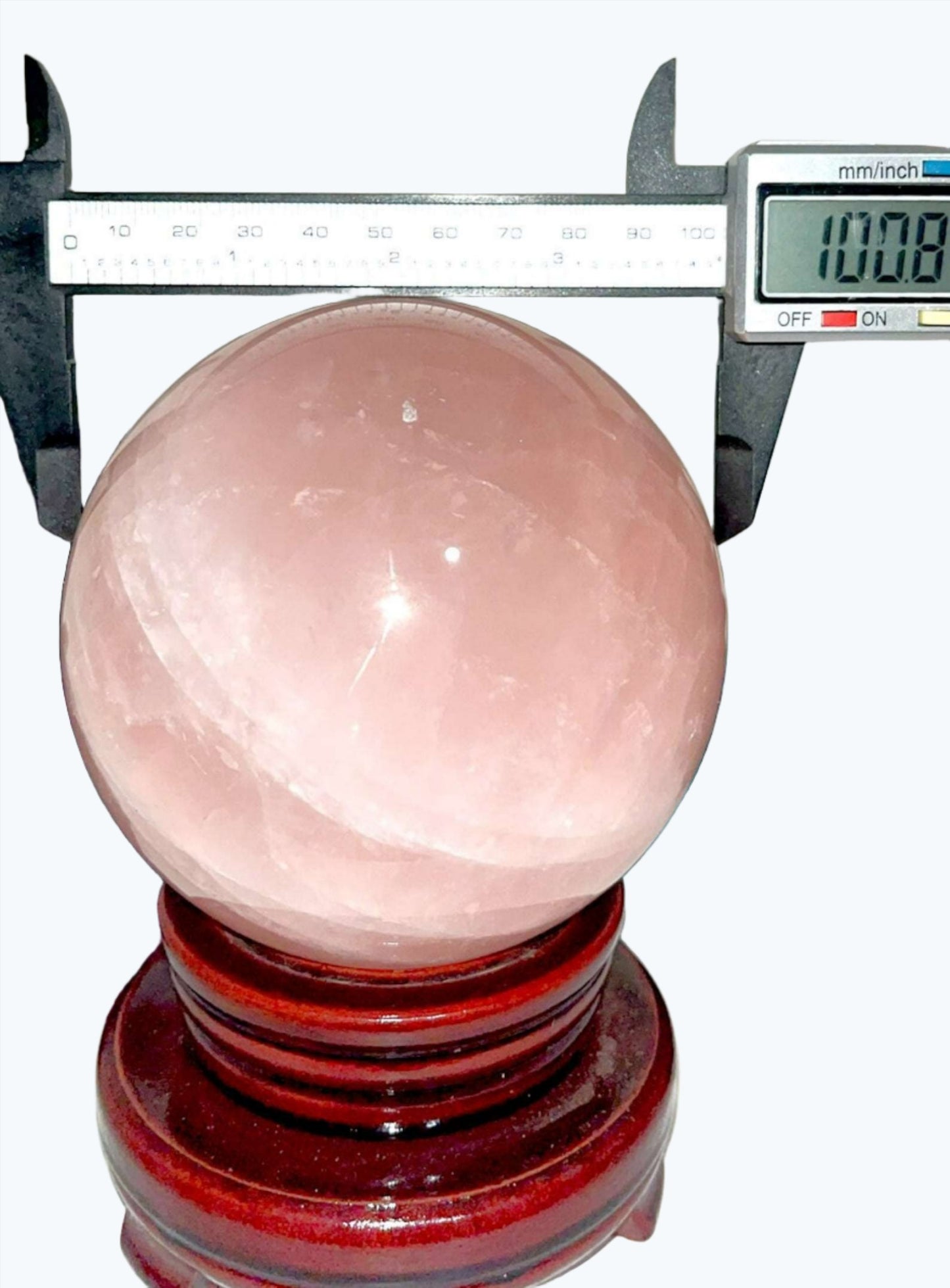 AA Quality Rose Quartz crystal large 100.8 mm sphere almost 4 lbs w/ spinning stand. Hold, meditate, feel the loving energy.