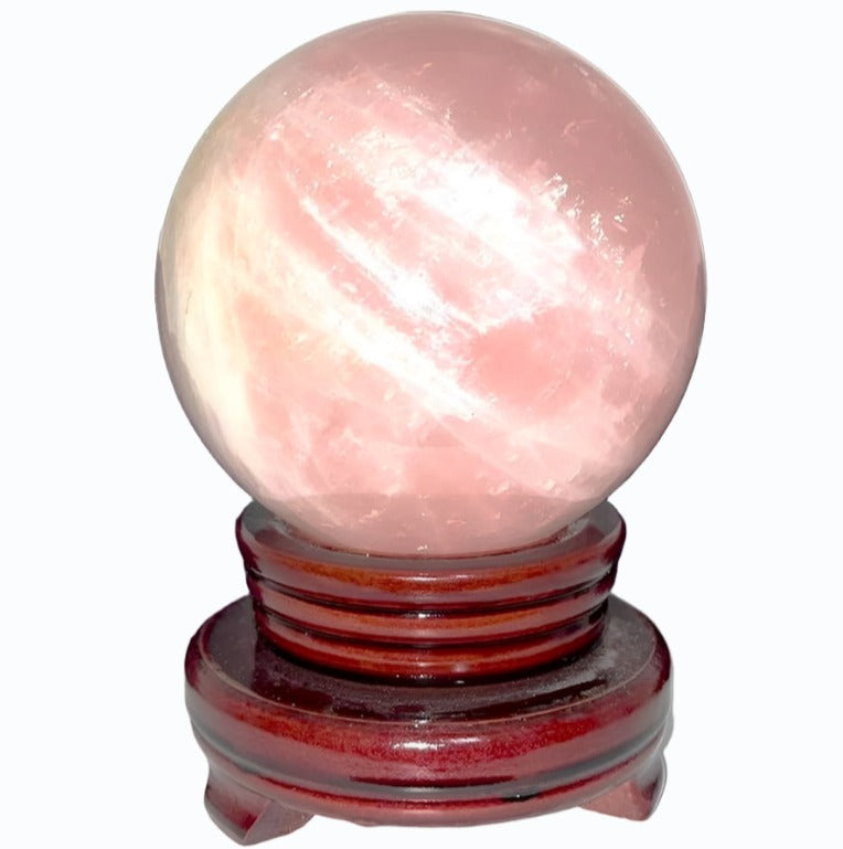 AA Quality Rose Quartz crystal large 100.8 mm sphere almost 4 lbs w/ spinning stand. Hold, meditate, feel the loving energy.