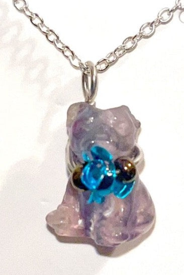 Girl's Rainbow Fluorite puppy dog pendant necklace. Handmade tiny treasure that sparks the imagination. Love for nature and creativity.