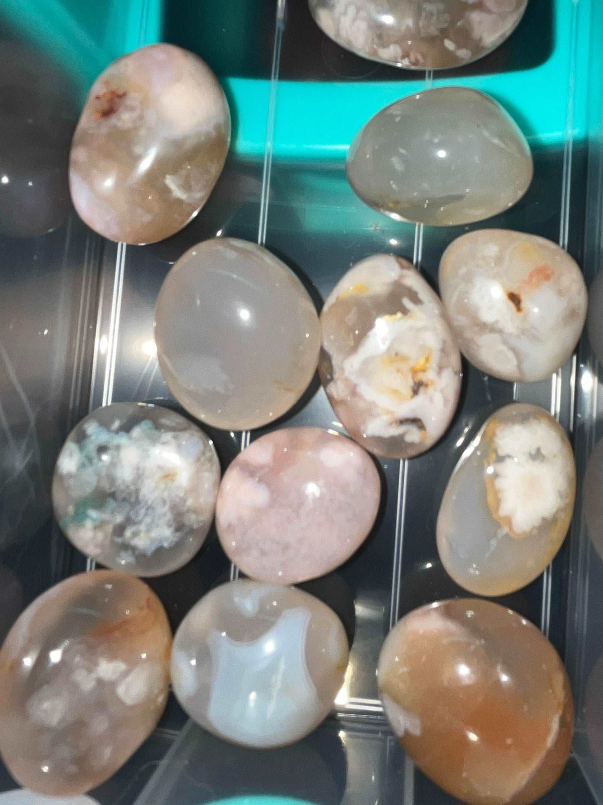 Flower Agate crystal tumbles- new beginnings, growth, and transformation, will encourage love, beauty, and compassion in your life.