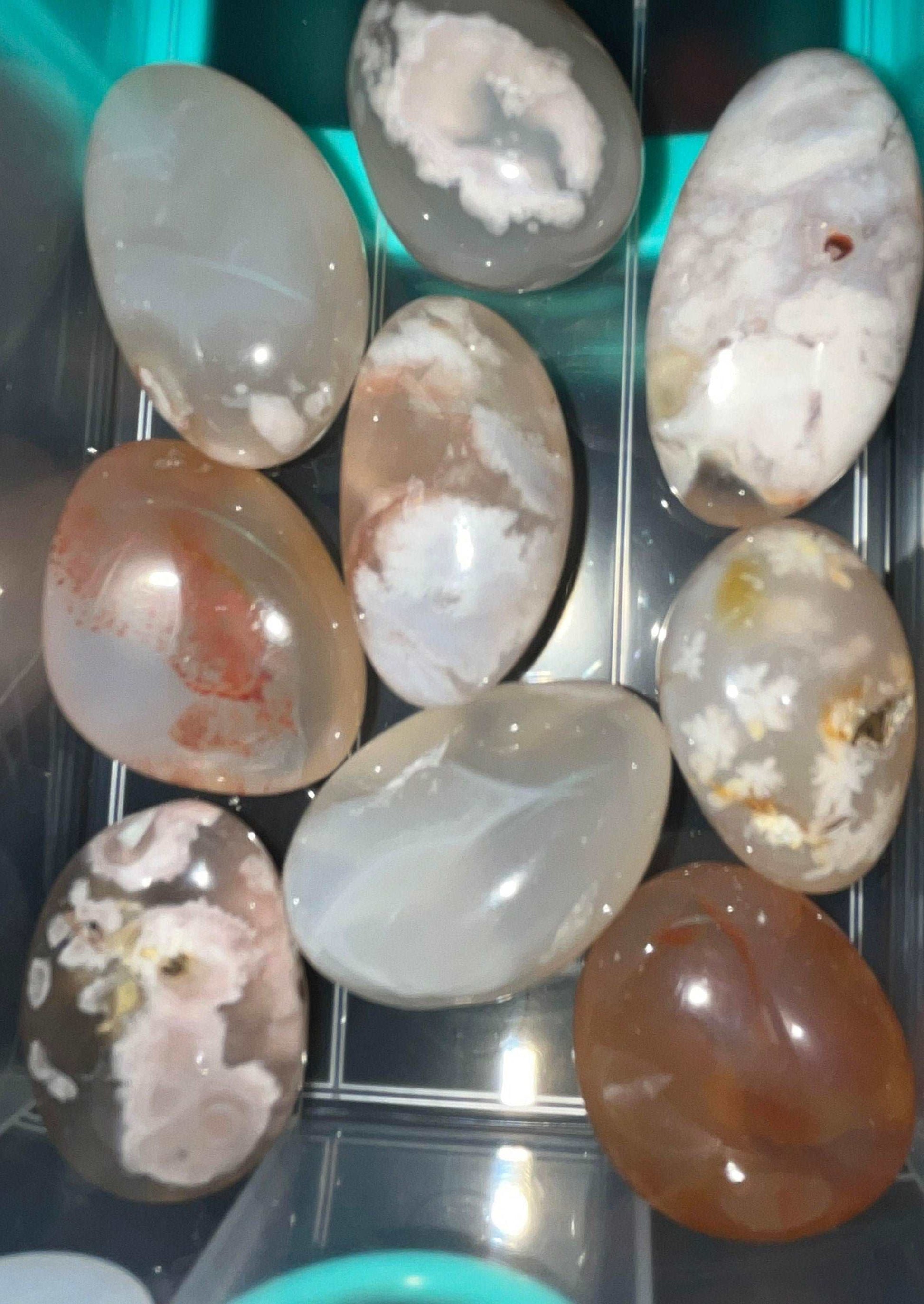 Flower Agate crystal tumbles- new beginnings, growth, and transformation, will encourage love, beauty, and compassion in your life.