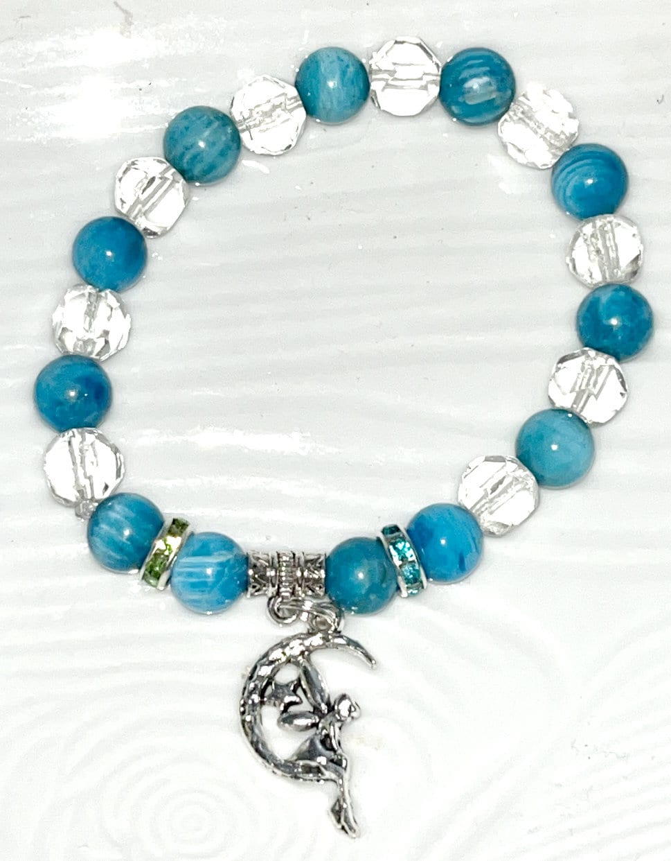 Amazonite crystal bracelet with Lotus flower charm or fairy on moon charm. Handmade. Tranquil soothing vibrations, calm, balance, & harmony