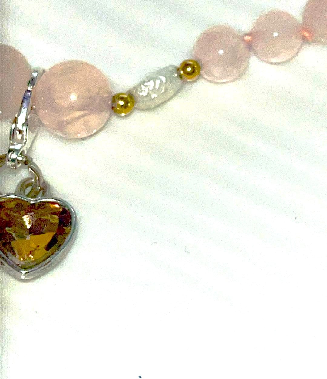 Rose Quartz beaded Bracelet w/ gold beads & pearl accents. Radiate Love, emotional healing, compassion, unconditional love and harmony