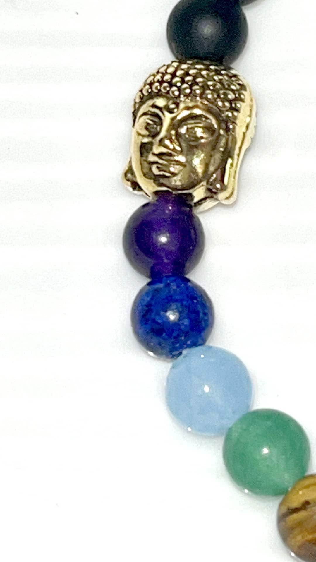 Aquamarine Buddha Chakra crystal beaded elastic bracelet. Beads represents each chakra. Balance, harmony & peace
