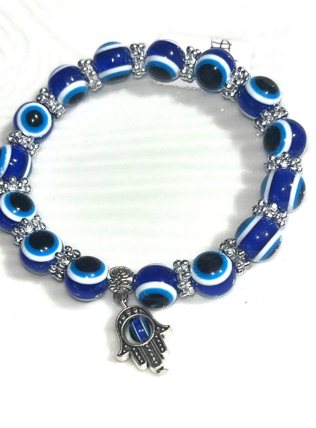 Blue evil eye bracelets with Hamsa hand symbol charm and blue evil eye charm, 8 mm beads