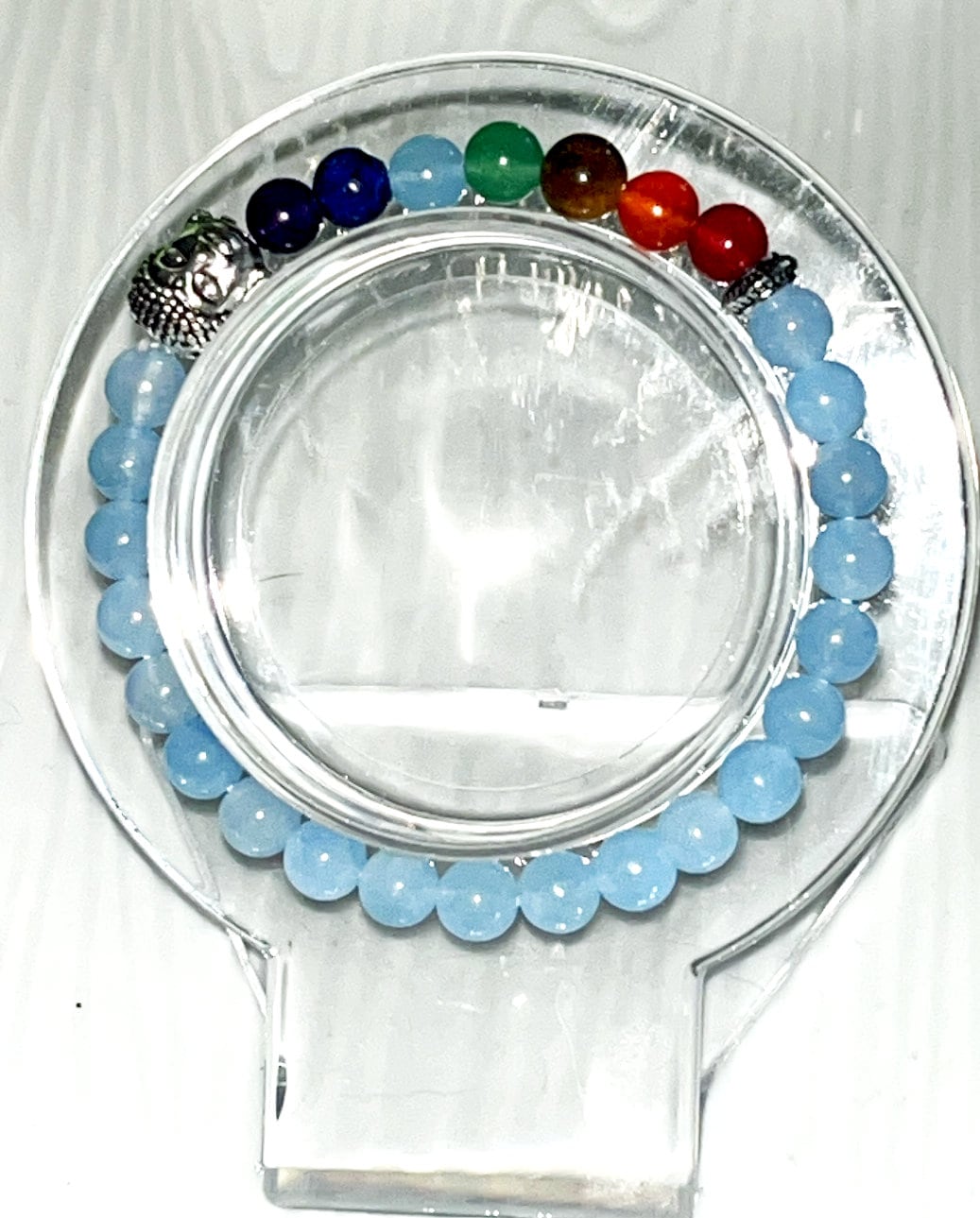 Aquamarine Buddha Chakra crystal beaded elastic bracelet. Beads represents each chakra. Balance, harmony & peace
