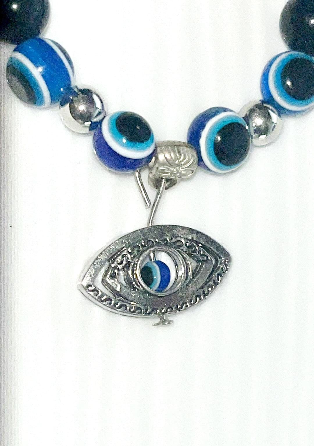 Obsidian Blue evil eye bracelet with Obsidian crystal beads and blue evil eye charm, 8 mm beads
