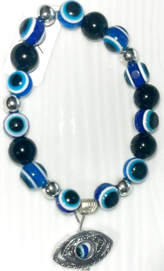 Obsidian Blue evil eye bracelet with Obsidian crystal beads and blue evil eye charm, 8 mm beads