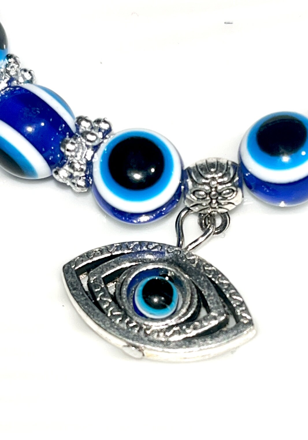 Blue evil eye bracelets with Hamsa hand symbol charm and blue evil eye charm, 8 mm beads