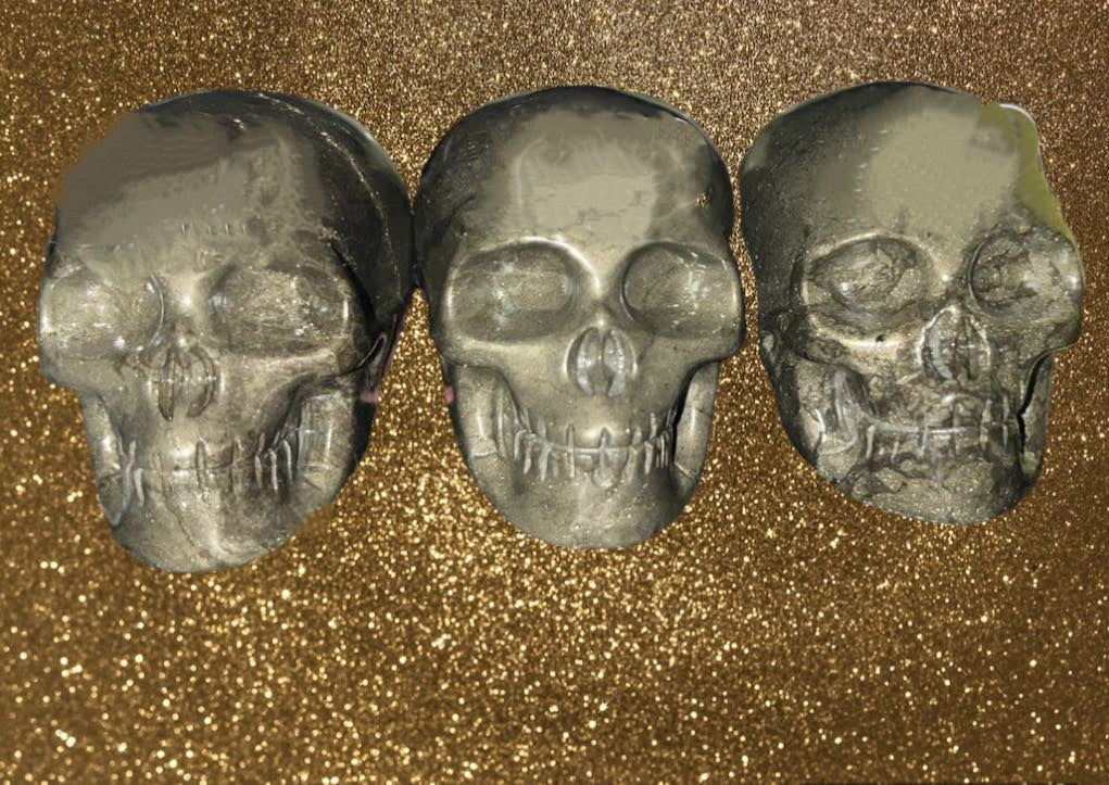 Natural Pyrite crystal skull carving. This material is a powerful embodiment of abundance, protection, and prosperity. Brings money & sucess